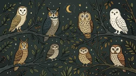 Various owl species resting on tree branches under moonlit night sky. Stock Illustration