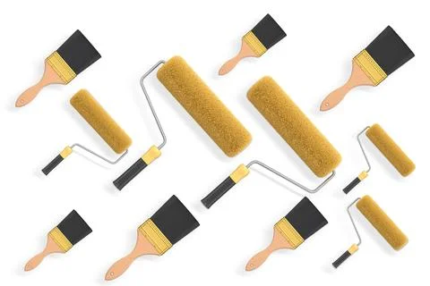 Various paint rollers and brushes laid out in diagonal pattern on white Illustrazione stock