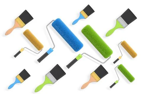 Various paint rollers and brushes laid out in diagonal pattern on white bac.. Stock Illustration