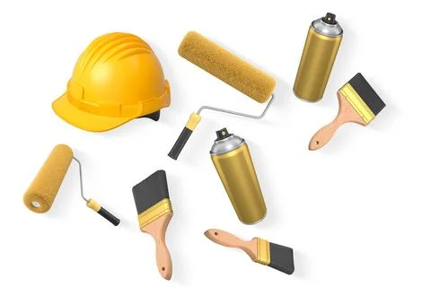 Various painting tools including rollers, brushes, spray cans and hard hat,.. Stock Photos