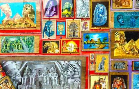 Various of papyrus with elements of egyptian history - objects displayed in s Stock Photos