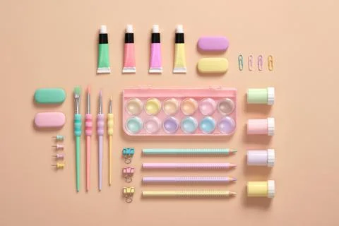 Various pastel-colored materials for creativity and art activities are neatly Stock Photos