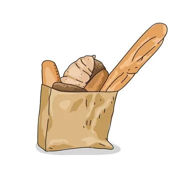 Various pastry bread in paper bag  illustration. Bread for breakfast with jam Stock Illustration