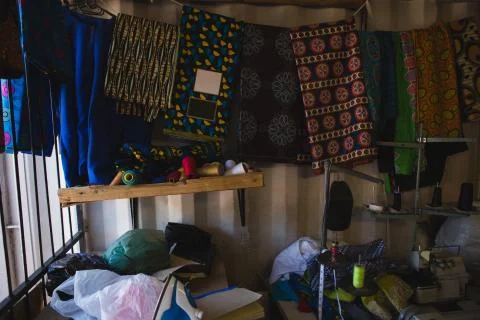 Various pattern clothes on clothes line Foto stock