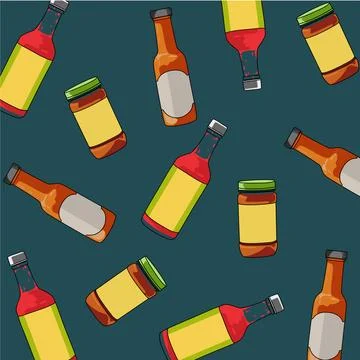Various pattern with glass bottles of hot Chili and tomatoes ketchup sauce bottl Illustrazione stock