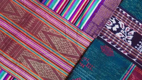 Various pattern handmade woven fabric, geometric textured textile background Stock Photos