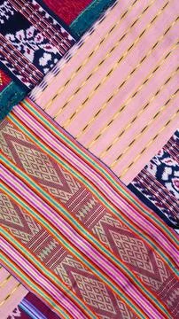 Various pattern handmade woven fabric, geometric textured textile background Stock Photos