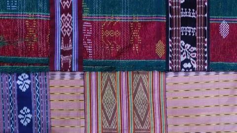 Various pattern handmade woven fabric, geometric textured textile background Stock Photos