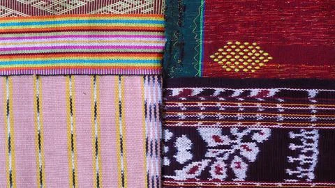 Various pattern handmade woven fabric, geometric textured textile background Foto stock