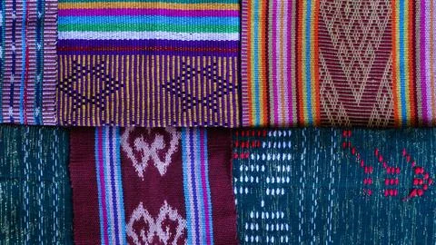 Various pattern handmade woven fabric, geometric textured textile background Stock Photos