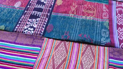 Various pattern handmade woven fabric, geometric textured textile background Foto stock