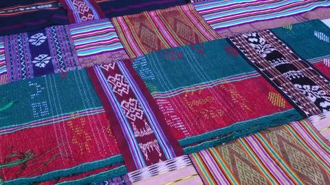Various pattern handmade woven fabric, geometric textured textile background Stock Photos