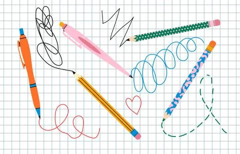 Various pencils, pen, writing school and office tools Stock Illustration