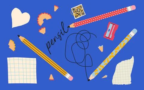 Various pencils, sharpener, checked paper, blank paper Stock Illustration