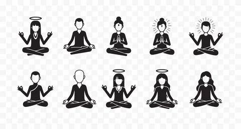 Various people meditating in different yoga poses and styles Stock Illustration