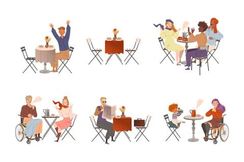 Various people sitting in cafe set. Romantic couple, friends, parents and kids Ilustração Stock