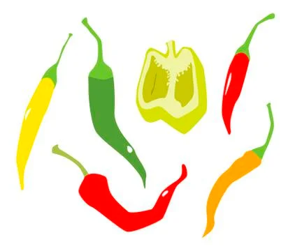 Various peppers in flat style isolated on white background. Stock Illustration