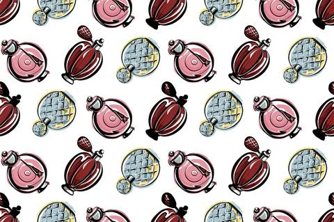 Various perfume bottles on a white background. Stylish seamless pattern for Stock Illustration