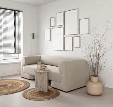 Various picture frames on wall in modern livingroom. Mock up interior in Illustrazione stock