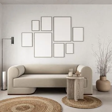 Various picture frames on wall in modern livingroom. Mock up interior in Illustrazione stock