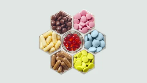 Various pills and capsules appear on a grey background Stock Footage 143871544