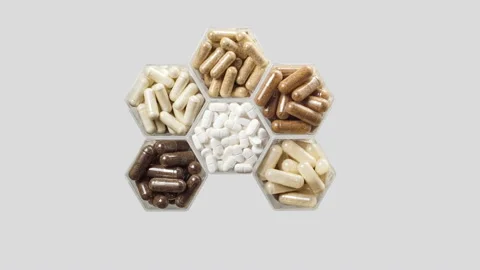 Various pills and capsules in hexagonal jars appear on a grey background Stock Footage 145217472