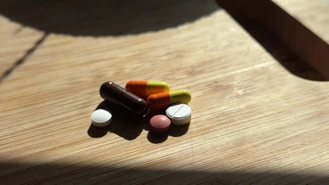 Various pills and capsules lying on a wooden surface in daylight Stock Footage 305830970