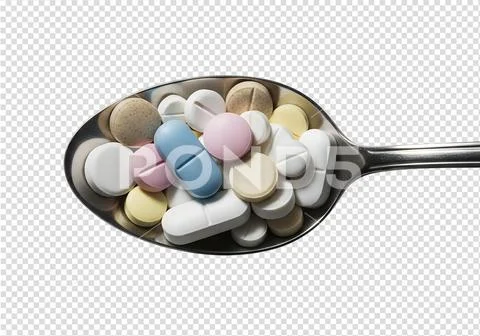 Various pills and capsules on spoon, healthcare and medicine concept Modello PSD