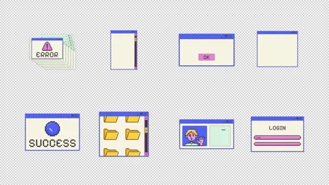 Various pixel art pop-up windows UI overlay animation set Stock Footage 334709156