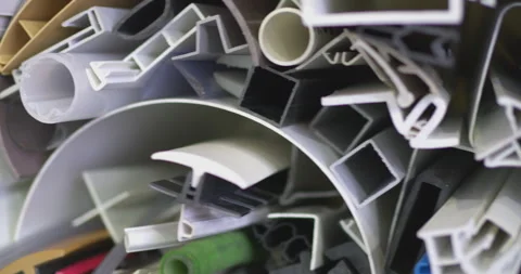 Various plastic extrusion profiles for industry Stock Footage 329182854
