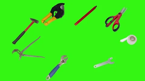 Various plumber tools and supplies falling against a bright green background Video stock 336554902