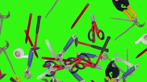 Various plumber tools and supplies falling against a bright green background Stock Footage 336554914