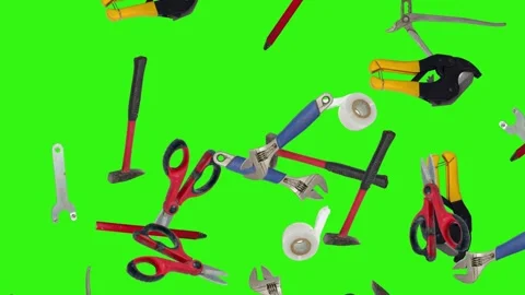 Various plumber tools and supplies falling against a bright green background 스톡 동영상 336554966