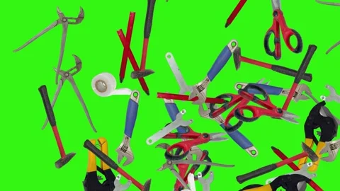 Various plumber tools and supplies falling against a bright green background Stock Footage 336555121