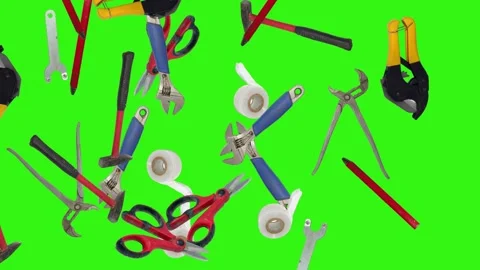 Various plumber tools and supplies falling against a bright green background 스톡 동영상 336555340