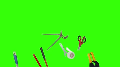 Various plumber tools and supplies falling against a bright green background Stock Footage 336555457