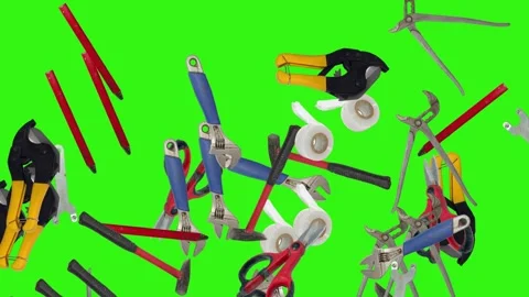 Various plumber tools and supplies falling against a bright green background Stock Footage 336555459