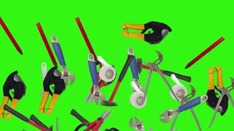 Various plumber tools and supplies falling against a bright green background Stock Footage 336555519