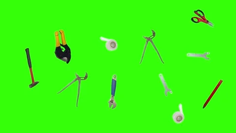 Various plumber tools and supplies falling against a bright green background Stock Footage 336555854