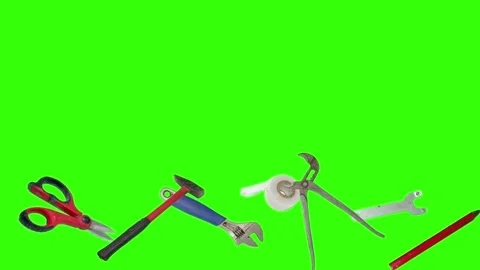 Various plumber tools and supplies falling against a bright green background Stock Footage 336556138