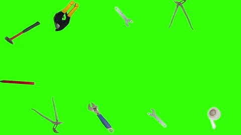 Various plumber tools and supplies falling against a bright green background Stock Footage 336556173