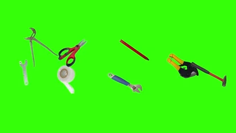 Various plumber tools and supplies falling against a bright green background Stock Footage 336556278