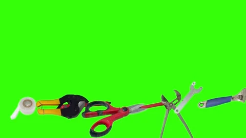 Various plumber tools and supplies falling against a bright green background Stock Footage 336556401