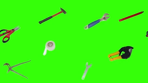 Various plumber tools and supplies falling against a bright green background Stock Footage 336556554