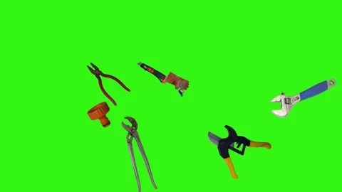 Various plumber tools and supplies falling against a bright green background Видео 337501563