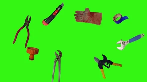 Various plumber tools and supplies falling against a bright green background Vidéo 337501585