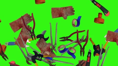 Various plumber tools and supplies falling against a bright green background Stockbeeldmateriaal 337501673