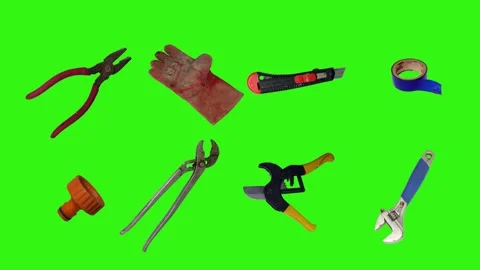 Various plumber tools and supplies falling against a bright green background Видео 337501676