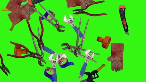 Various plumber tools and supplies falling against a bright green background Vidéo 337501779