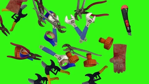 Various plumber tools and supplies falling against a bright green background Stock Footage 337501782